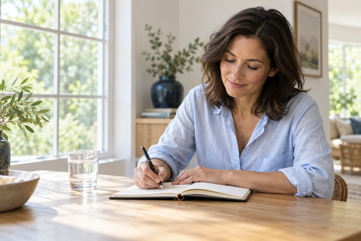 A woman writing in a notebook beside a bright window